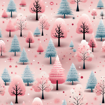 christmas trees, winter forest, pink background, blue evergreens, coral pink trees, bare branches, snowflakes, stars, polka dots, whimsical illustration, modern art style, quilting cotton, fabric panel, holiday theme, winter wonderland, geometric shapes, scattered pattern, festive design, pastel colors, dreamy atmosphere