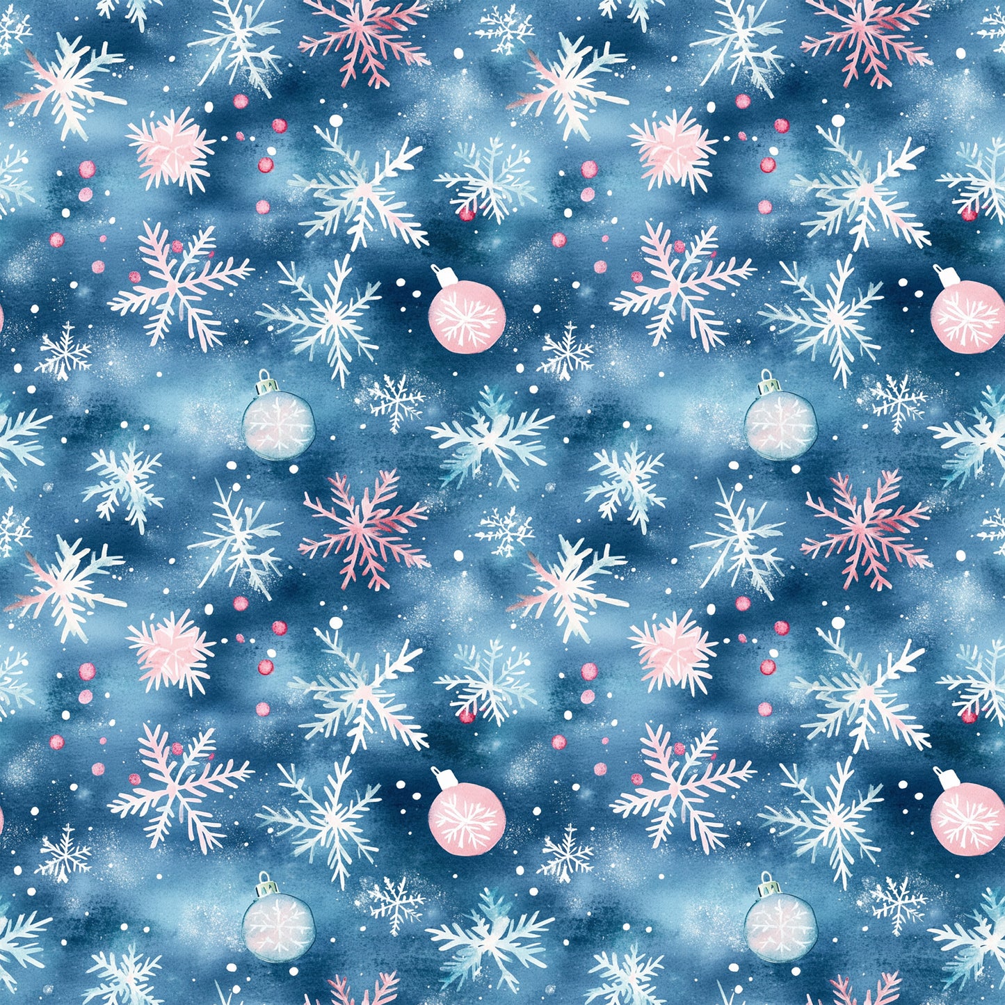 watercolor blue, christmas ornaments, snowflakes, pink accents, white snowflakes, winter pattern, holiday fabric, quilting cotton, fabric panel, festive design, blue background, christmas baubles, seasonal motifs, watercolor style, winter wonderland, holiday ornaments, repeating pattern, craft fabric, christmas decor