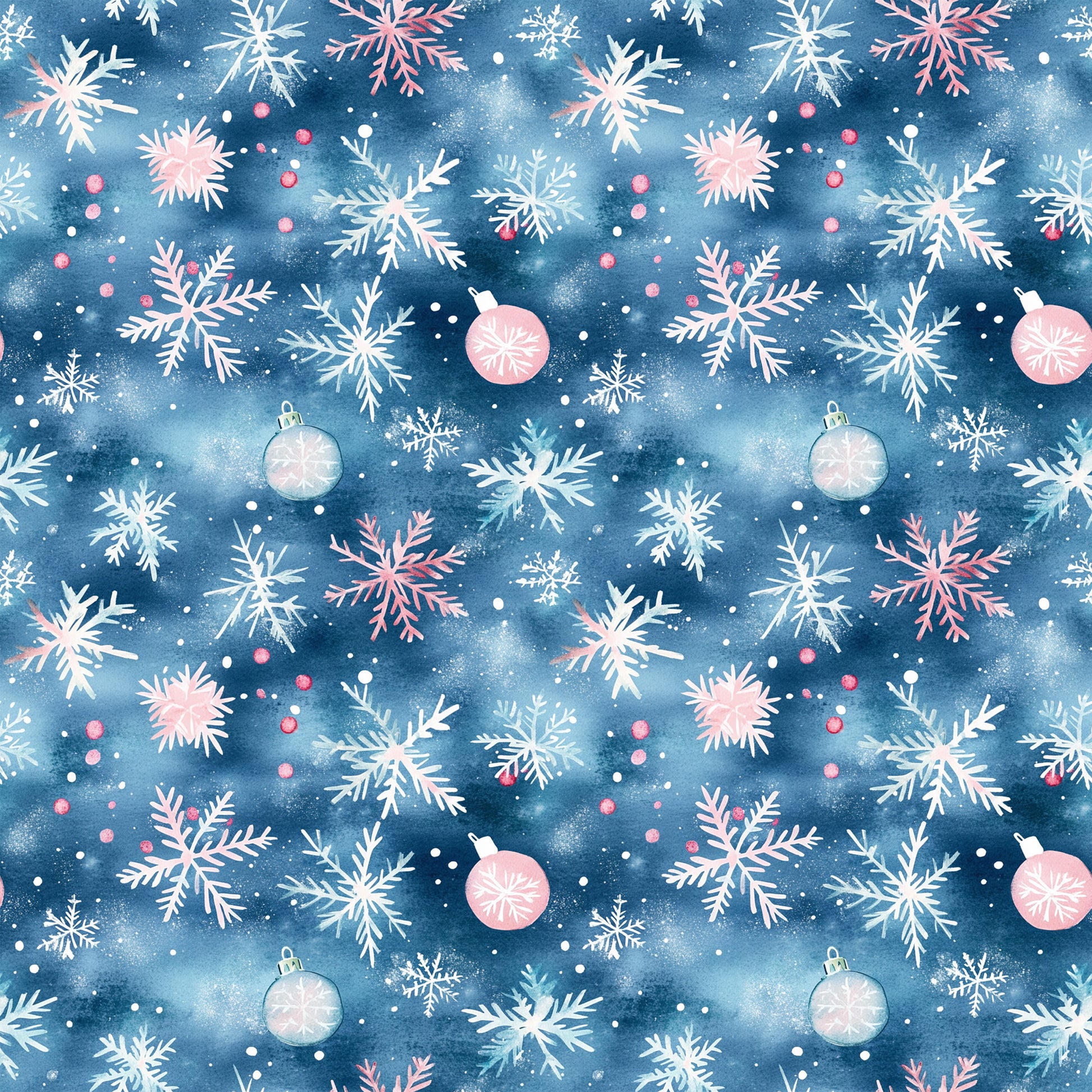 watercolor blue, christmas ornaments, snowflakes, pink accents, white snowflakes, winter pattern, holiday fabric, quilting cotton, fabric panel, festive design, blue background, christmas baubles, seasonal motifs, watercolor style, winter wonderland, holiday ornaments, repeating pattern, craft fabric, christmas decor