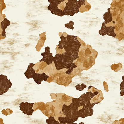 cow print, cowhide pattern, brown spots, tan patches, cream background, animal hide, western theme, rustic design, irregular spots, organic shapes, natural texture, quilting cotton, fabric panel, ranch style, farmhouse aesthetic, earth tones, mottled appearance, livestock pattern, country motif