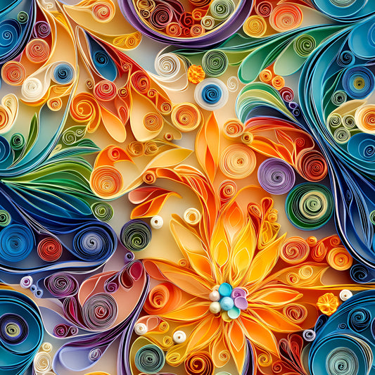 abstract art, paper quilling, swirls, spirals, orange flower, blue accents, green leaves, purple coils, yellow petals, red swirls, colorful patterns, dimensional design, rolled paper art, floral motifs, vibrant colors, quilting cotton, fabric panel, artistic swirls, curved lines, mixed media style