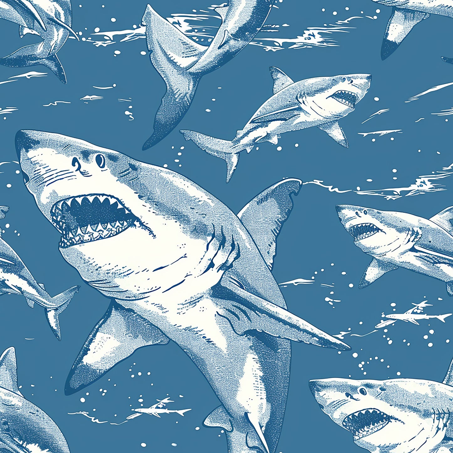 blue, white, sharks, ocean, marine life, swimming, underwater scene, repeating pattern, nautical, sea creatures, aquatic, cotton fabric, quilting panel, textile design, ocean blue, coastal theme, fish, water bubbles, sea life, swimming sharks