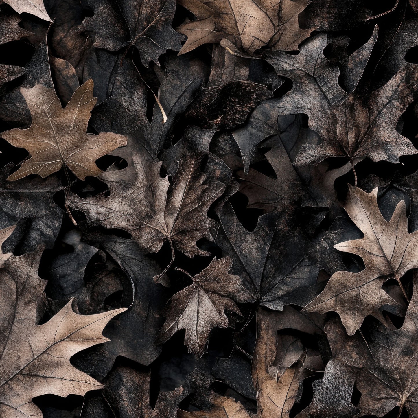 autumn leaves, fallen foliage, brown tones, tan colors, sepia hues, oak leaves, maple leaves, camouflage pattern, hunting camo, realistic design, nature motif, woodland theme, quilting cotton, fabric panel, earth tones, forest floor, leaf texture, outdoor theme, fall season, natural camouflage