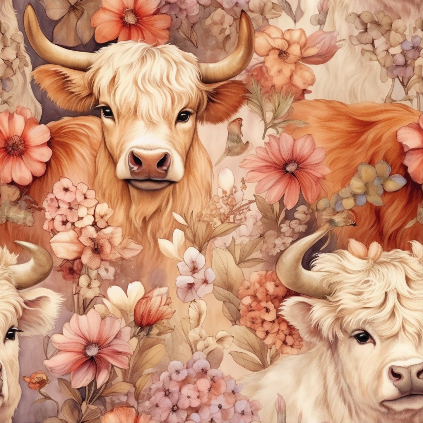 highland cows, floral pattern, peach flowers, coral blooms, cream colored, golden brown, horned cattle, farm animals, pastoral scene, botanical elements, quilting cotton, fabric panel, soft pastels, watercolor style, country charm, rustic theme, seamless repeat, vintage florals, cottagecore aesthetic
