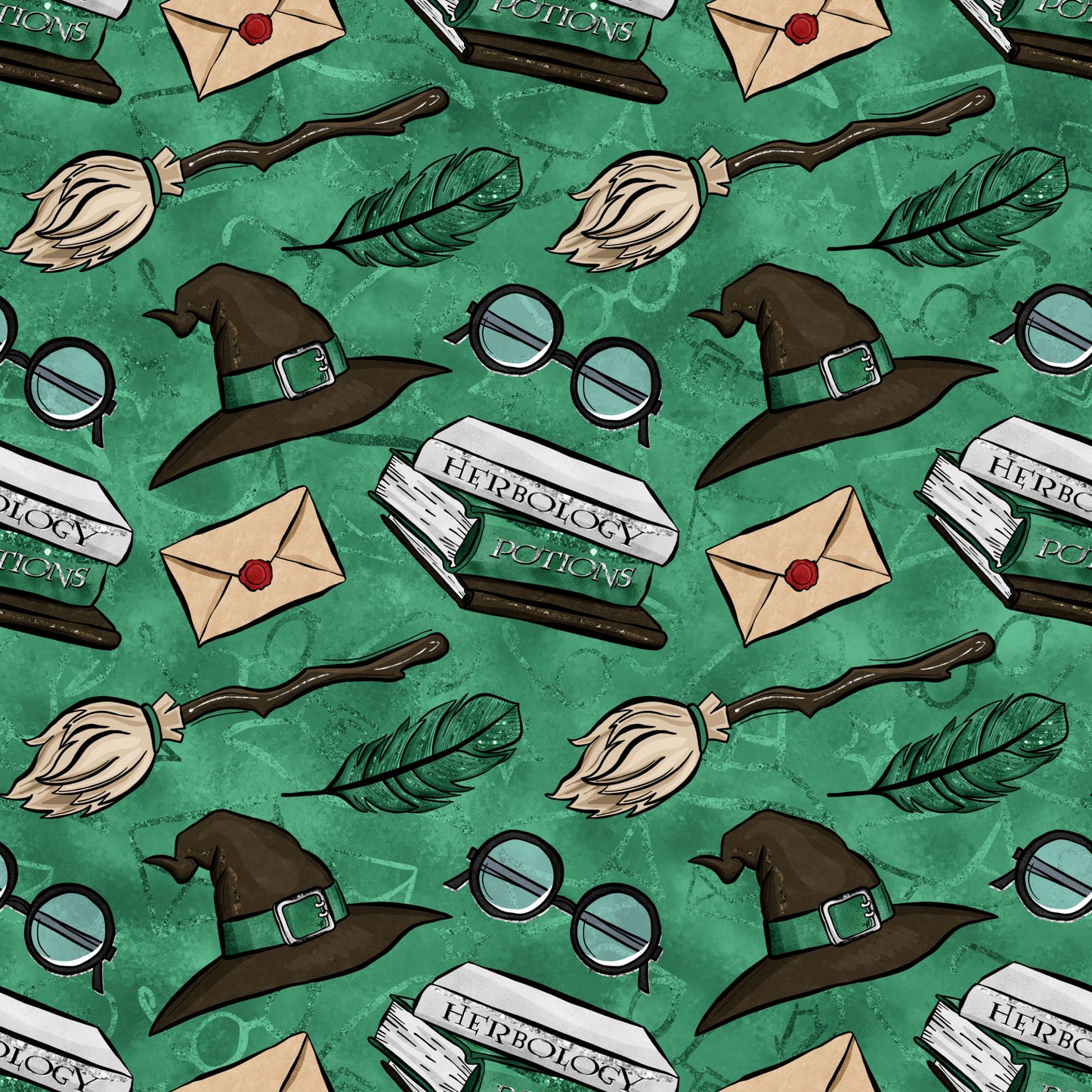 emerald green, forest green, wizard hat, round glasses, broomstick, feather quill, herbology potions, envelope, red wax seal, magical elements, wizarding school, repeating pattern, quilting cotton, fabric panel, whimsical illustration, cartoon style, magic theme, potions book, witch accessories, seamless design