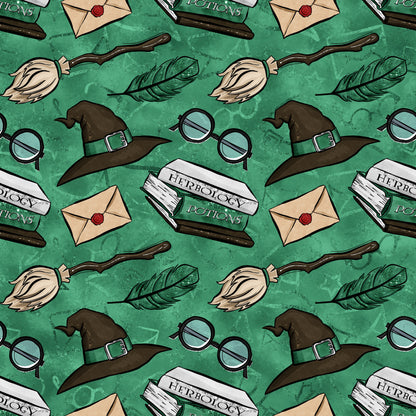 emerald green, forest green, wizard hat, round glasses, broomstick, feather quill, herbology potions, envelope, red wax seal, magical elements, wizarding school, repeating pattern, quilting cotton, fabric panel, whimsical illustration, cartoon style, magic theme, potions book, witch accessories, seamless design