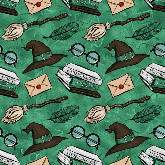 emerald green, forest green, wizard hat, round glasses, broomstick, feather quill, herbology potions, envelope, red wax seal, magical elements, wizarding school, repeating pattern, quilting cotton, fabric panel, whimsical illustration, cartoon style, magic theme, potions book, witch accessories, seamless design