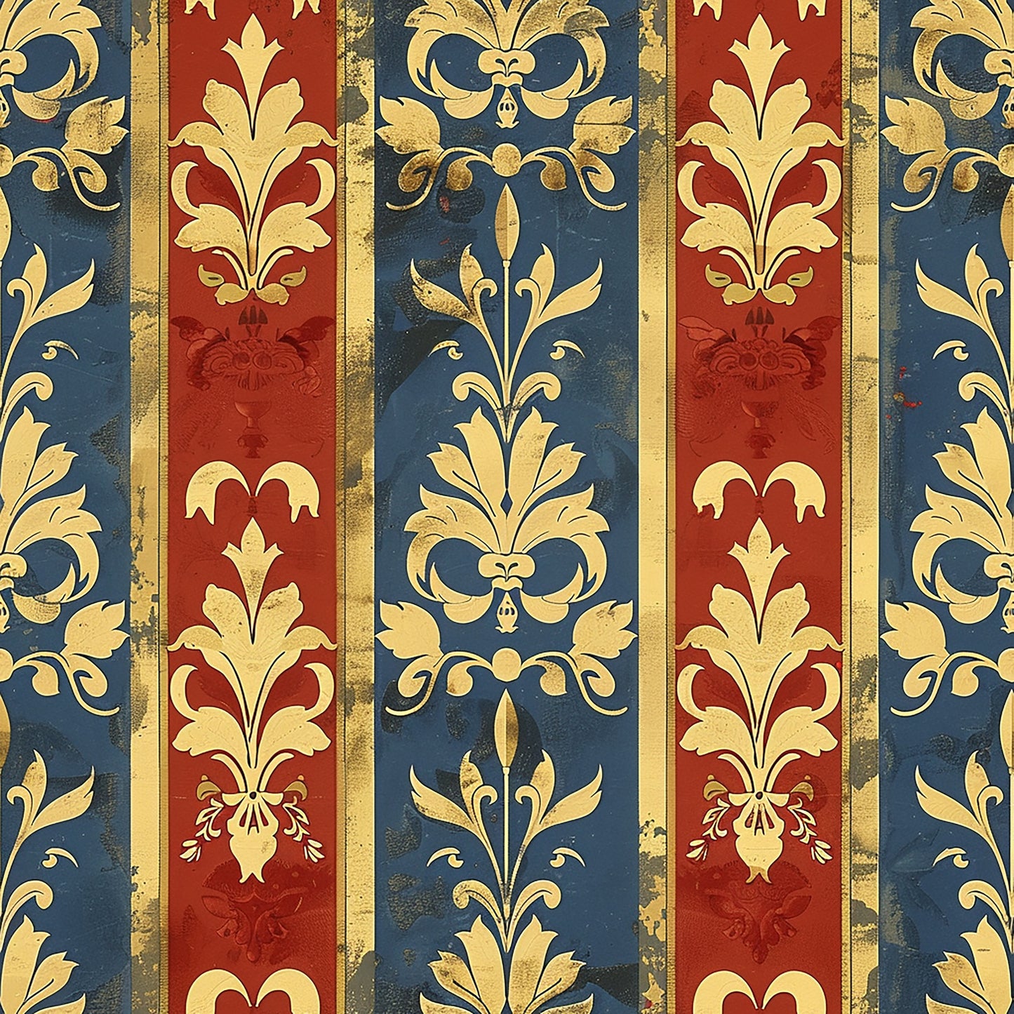 deep blue, burgundy red, gold leaf, fleur-de-lis, ornate scrollwork, damask stripes, french baroque, decorative flourishes, vertical panels, quilting cotton, medieval motifs, royal pattern, vintage weathered, ornamental design, fabric panel, renaissance style, heraldic elements, antique finish
