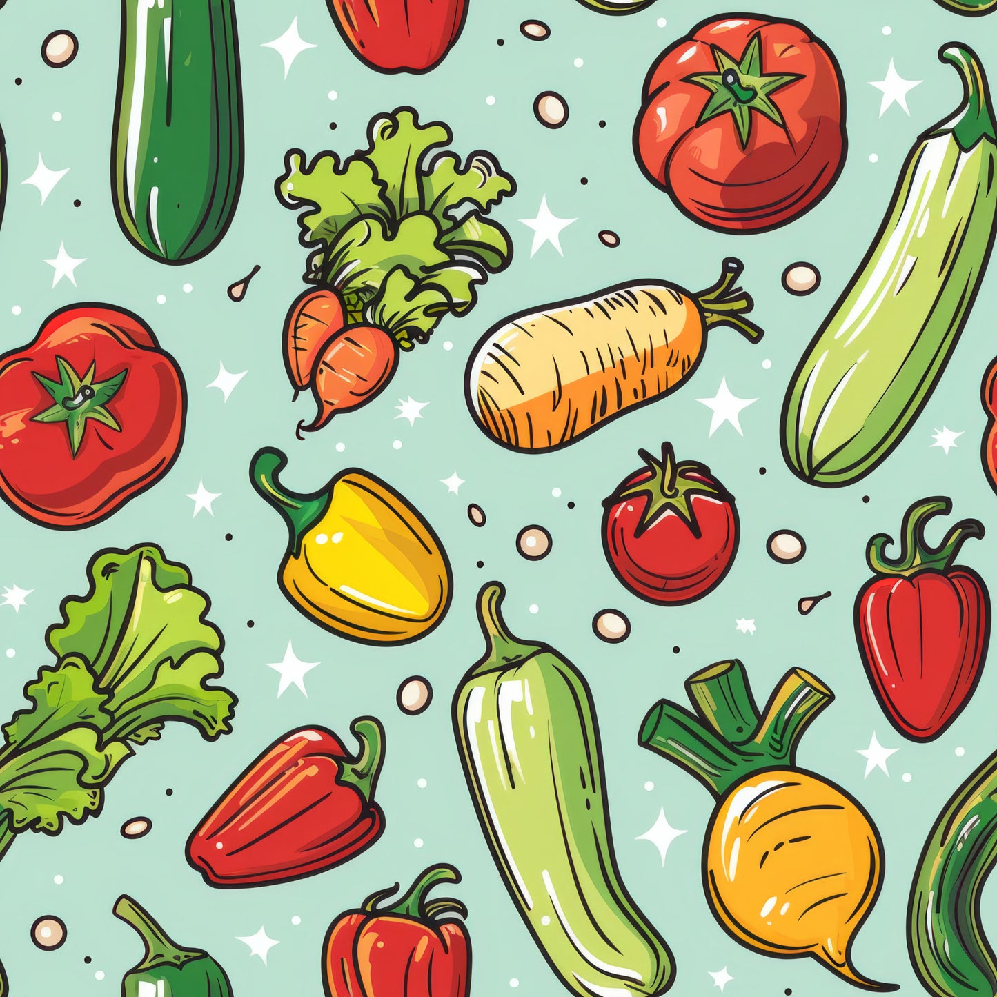 cartoon vegetables, mixed vegetables, quilting cotton, fabric panel, tomatoes, carrots, peppers, zucchini, leafy greens, mint green background, red tomatoes, orange carrots, yellow peppers, green vegetables, whimsical illustration, food pattern, kitchen theme, fresh produce, colorful vegetables, cooking motif, garden vegetables, bright colors, playful design