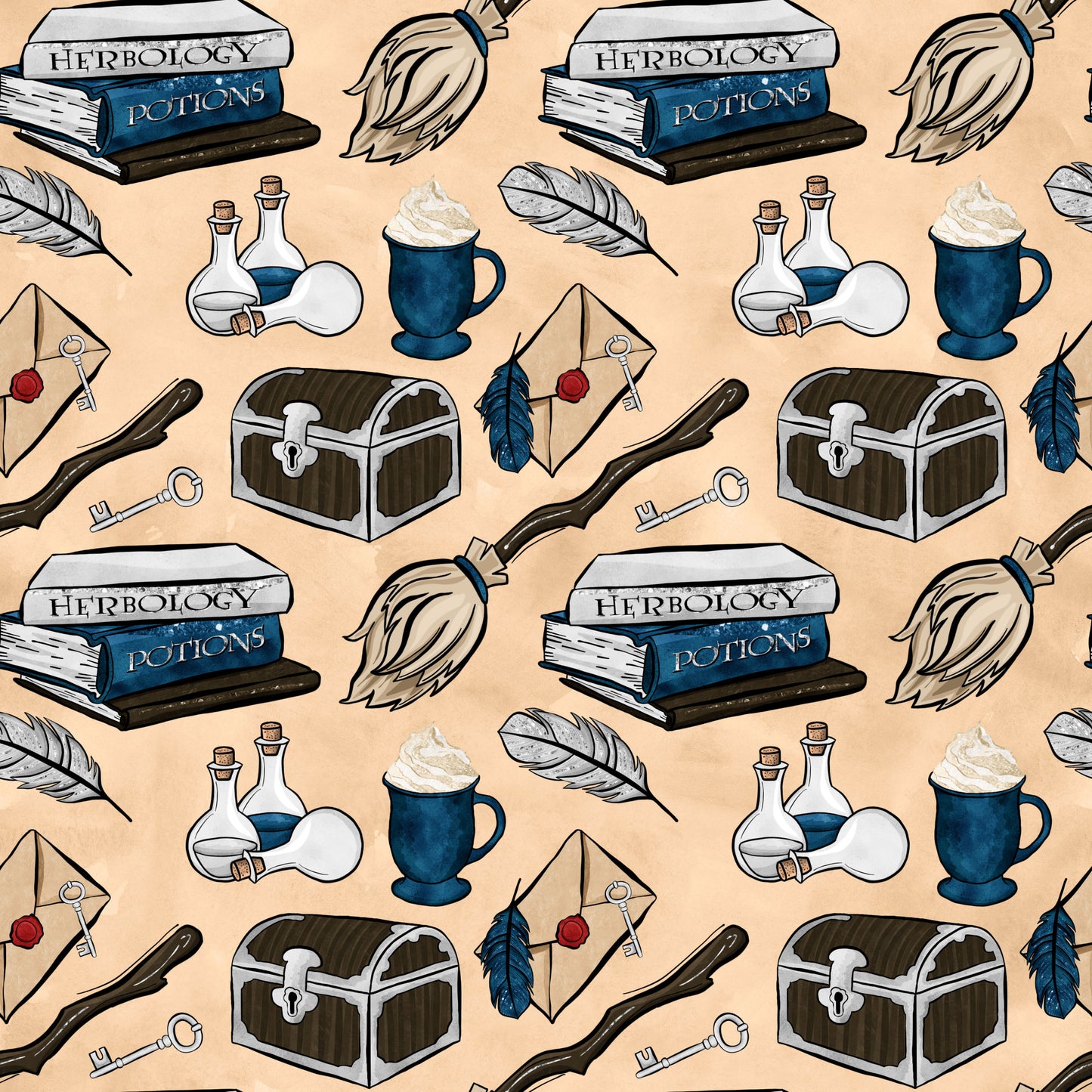 peach background, navy blue, brown, white, wizard books, herbology potions, magic wands, treasure chest, quill feathers, potion bottles, letter envelopes, hot beverage mug, magical keys, fantasy theme, quilting cotton, fabric panel, whimsical pattern, school supplies, mystical elements, repeating design