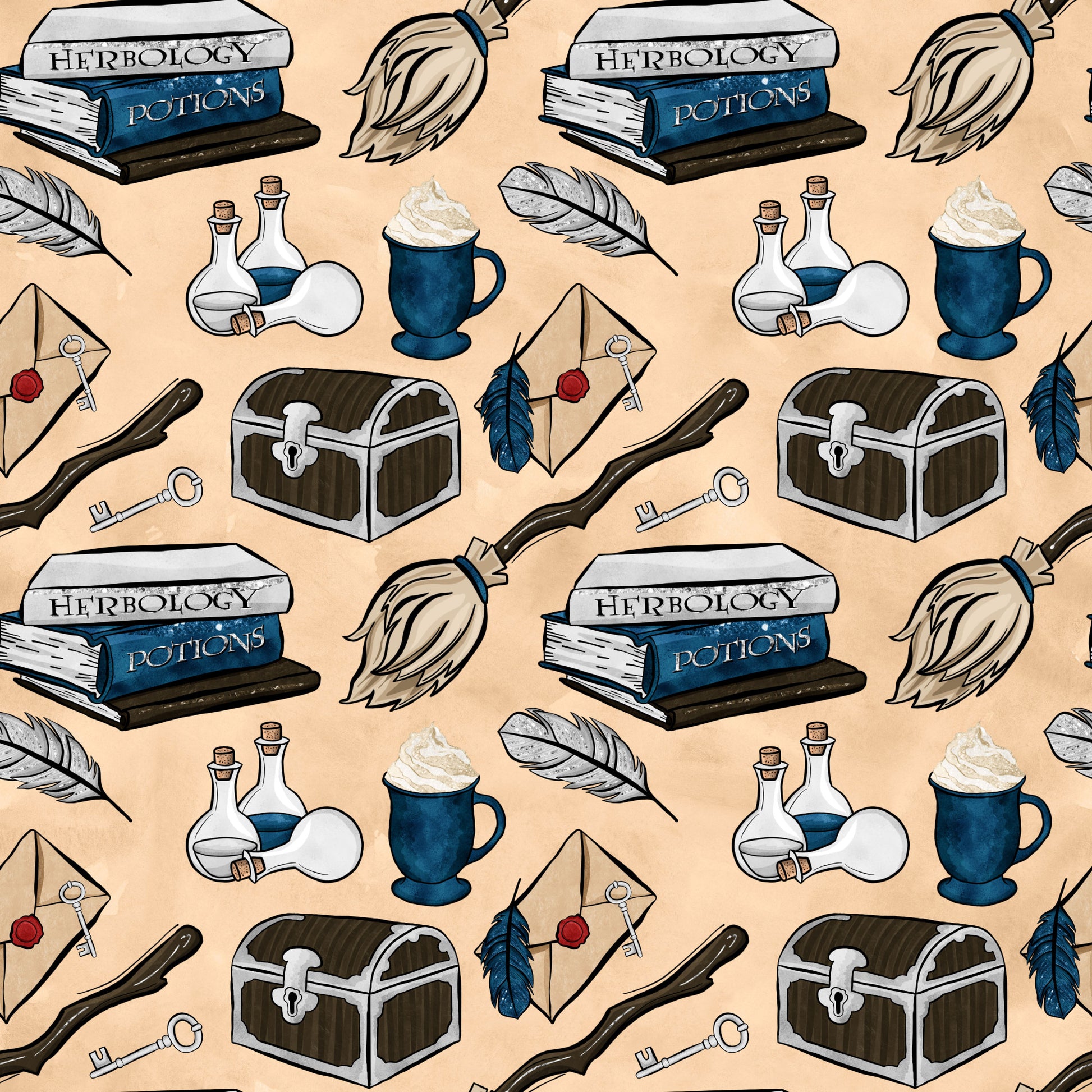 peach background, navy blue, brown, white, wizard books, herbology potions, magic wands, treasure chest, quill feathers, potion bottles, letter envelopes, hot beverage mug, magical keys, fantasy theme, quilting cotton, fabric panel, whimsical pattern, school supplies, mystical elements, repeating design