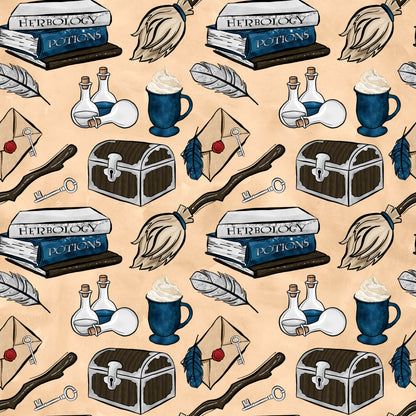 peach background, navy blue, brown, white, wizard books, herbology potions, magic wands, treasure chest, quill feathers, potion bottles, letter envelopes, hot beverage mug, magical keys, fantasy theme, quilting cotton, fabric panel, whimsical pattern, school supplies, mystical elements, repeating design