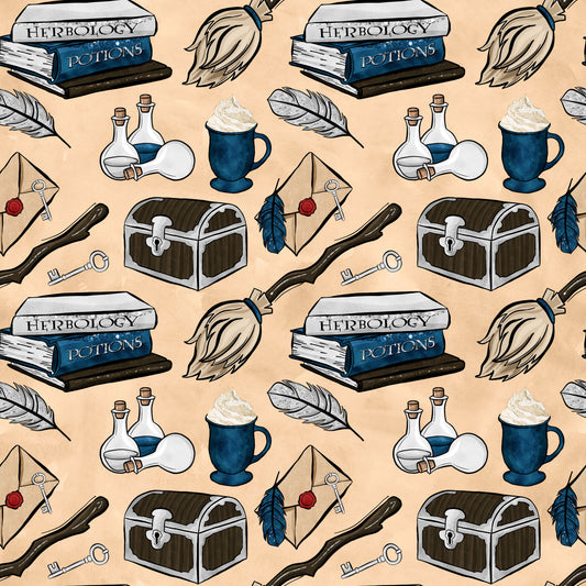 peach background, navy blue, brown, white, wizard books, herbology potions, magic wands, treasure chest, quill feathers, potion bottles, letter envelopes, hot beverage mug, magical keys, fantasy theme, quilting cotton, fabric panel, whimsical pattern, school supplies, mystical elements, repeating design