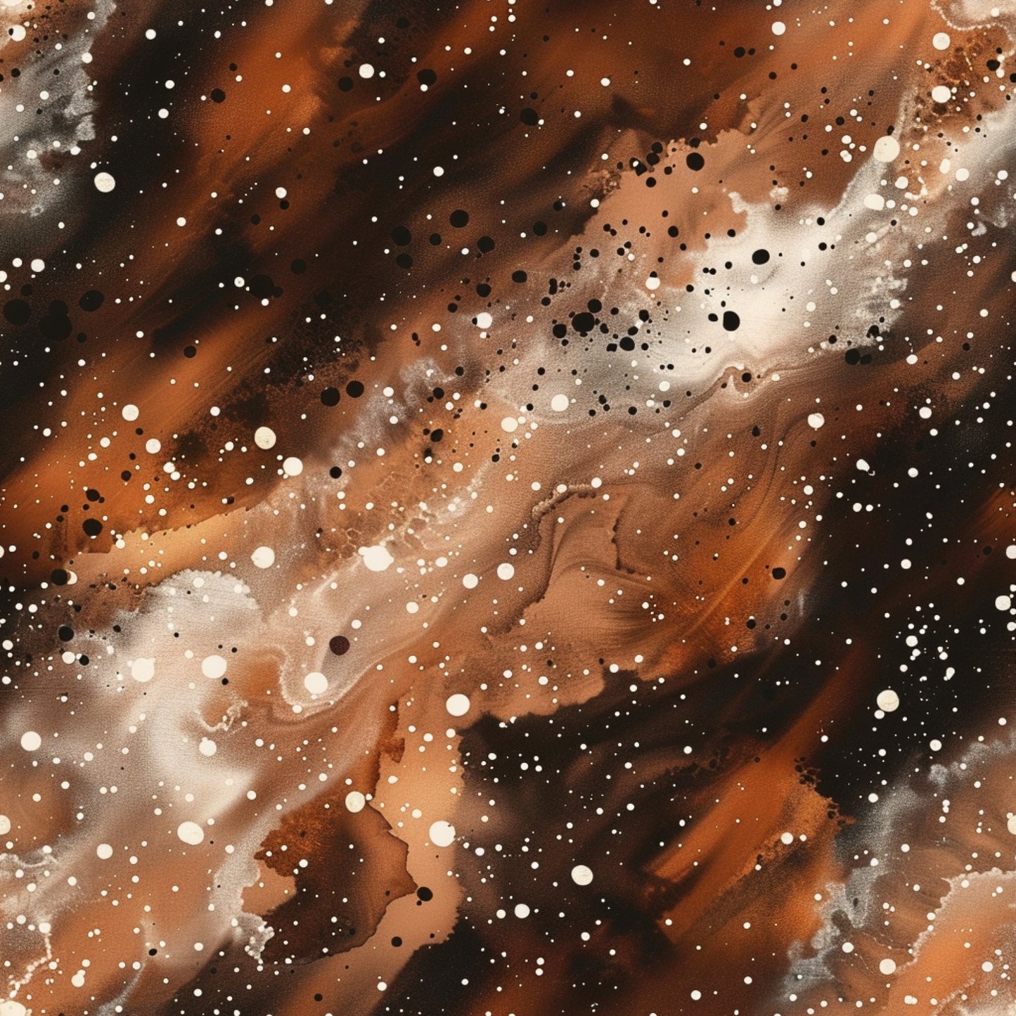 brown, rust, orange, copper, cream, white, black, galaxy, cosmic, nebula, stars, space, celestial, painted, watercolor, abstract, speckled, dotted, swirled, quilting cotton, fabric panel, astronomy, universe