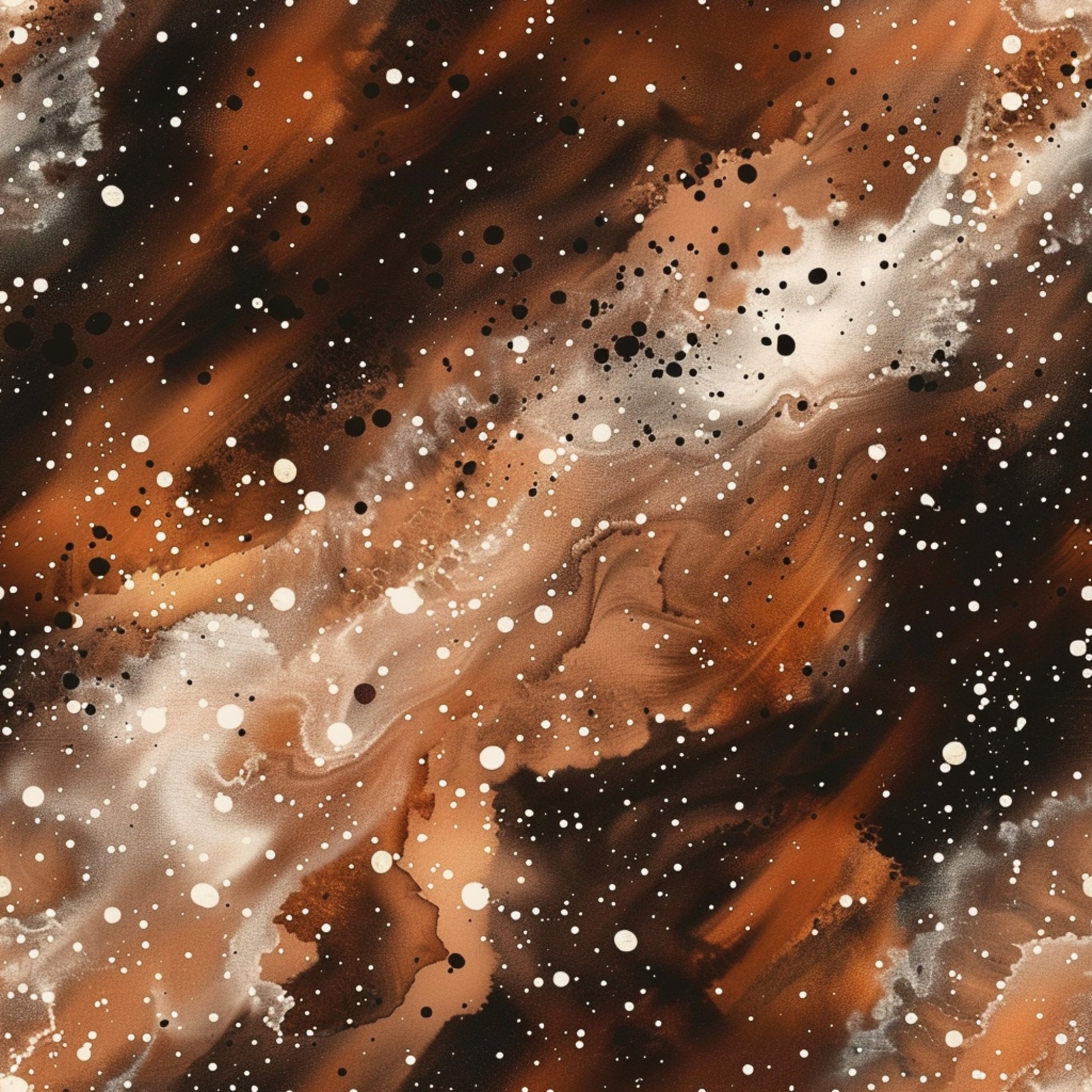 brown, rust, orange, copper, cream, white, black, galaxy, cosmic, nebula, stars, space, celestial, painted, watercolor, abstract, speckled, dotted, swirled, quilting cotton, fabric panel, astronomy, universe