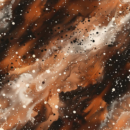 brown, rust, orange, copper, cream, white, black, galaxy, cosmic, nebula, stars, space, celestial, painted, watercolor, abstract, speckled, dotted, swirled, quilting cotton, fabric panel, astronomy, universe