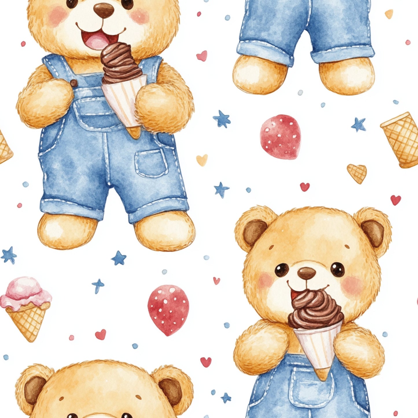 blue, teddy bear, baby boy, watercolor style, ice cream cones, overalls, denim, golden brown, pink hearts, red balloons, stars, polka dots, cute animals, whimsical, playful, nursery theme, quilting cotton, fabric panel, cheerful, soft pastels