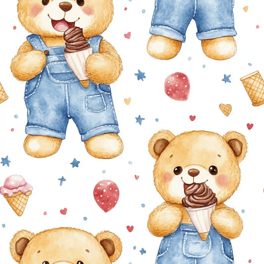 blue, teddy bear, baby boy, watercolor style, ice cream cones, overalls, denim, golden brown, pink hearts, red balloons, stars, polka dots, cute animals, whimsical, playful, nursery theme, quilting cotton, fabric panel, cheerful, soft pastels