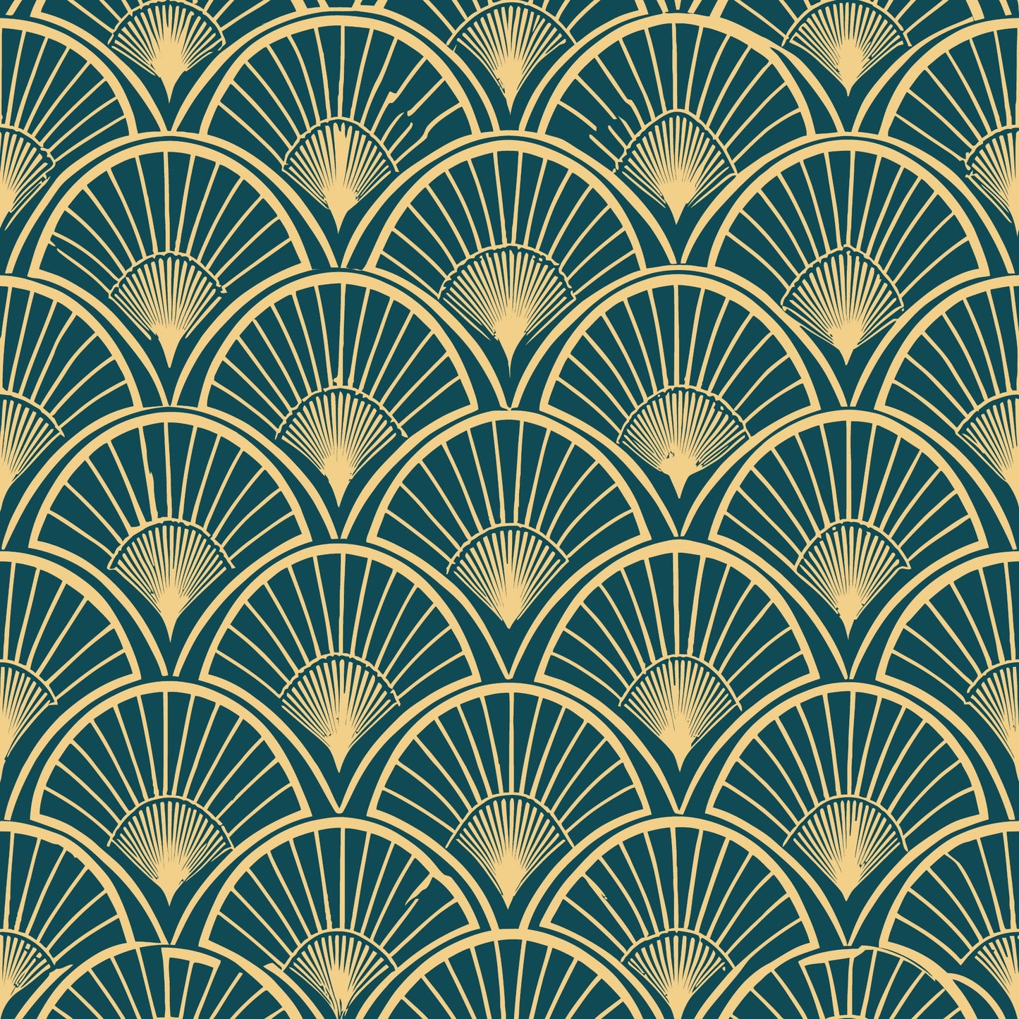 art deco, geometric pattern, fan motif, radiating lines, teal green, gold, cream, repeating design, vintage style, elegant, luxurious, sunburst pattern, scalloped edges, quilting cotton, fabric panel, 1920s inspired, decorative motif, sophisticated, ornate design