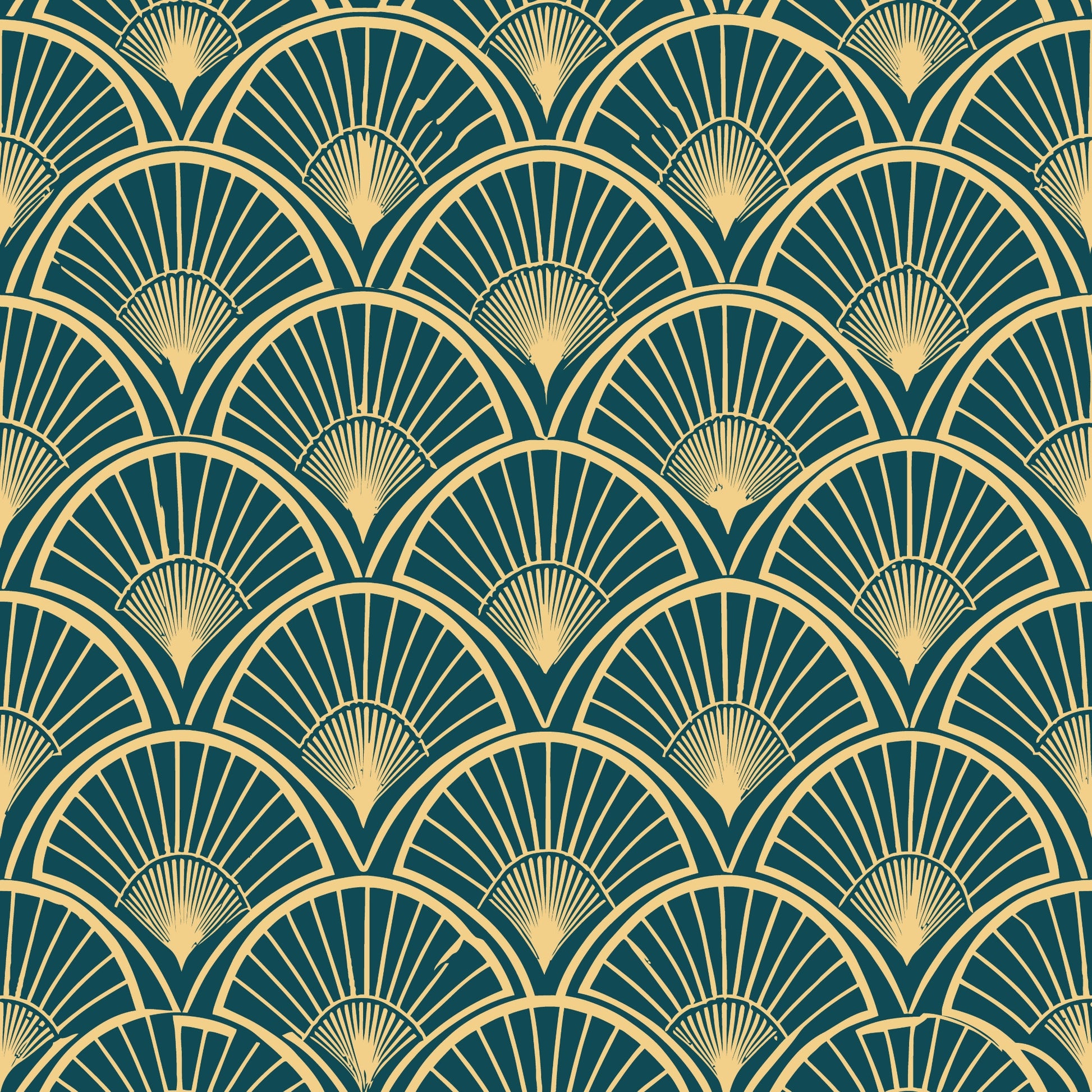 art deco, geometric pattern, fan motif, radiating lines, teal green, gold, cream, repeating design, vintage style, elegant, luxurious, sunburst pattern, scalloped edges, quilting cotton, fabric panel, 1920s inspired, decorative motif, sophisticated, ornate design