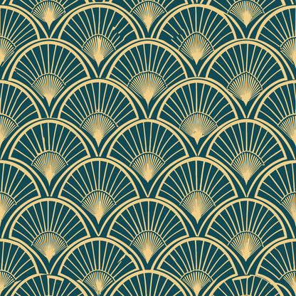 art deco, geometric pattern, fan motif, radiating lines, teal green, gold, cream, repeating design, vintage style, elegant, luxurious, sunburst pattern, scalloped edges, quilting cotton, fabric panel, 1920s inspired, decorative motif, sophisticated, ornate design