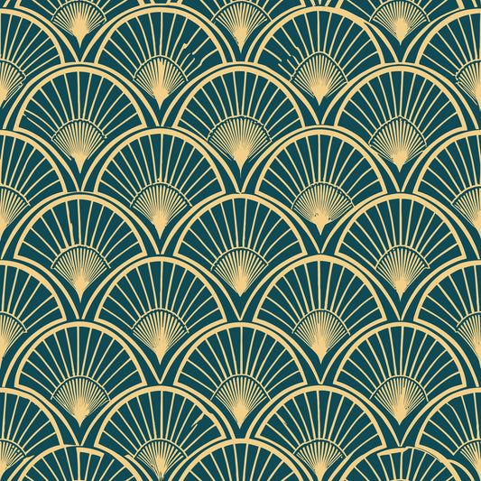 art deco, geometric pattern, fan motif, radiating lines, teal green, gold, cream, repeating design, vintage style, elegant, luxurious, sunburst pattern, scalloped edges, quilting cotton, fabric panel, 1920s inspired, decorative motif, sophisticated, ornate design