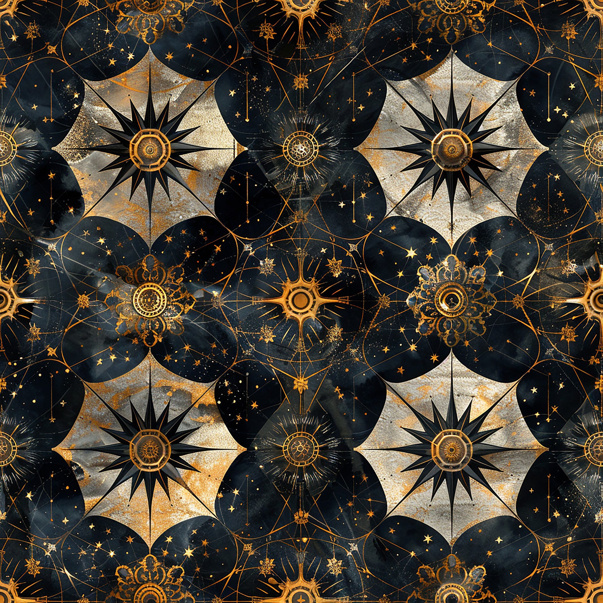 navy blue, golden yellow, cream, celestial pattern, compass roses, star motifs, geometric circles, baroque style, ornate designs, quilting cotton, fabric panel, mystical atmosphere, intricate details, repeating pattern, astronomical theme, decorative elements, luxurious feel, vintage inspired, metallic accents