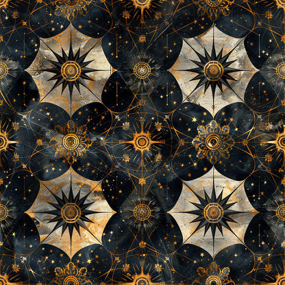 navy blue, golden yellow, cream, celestial pattern, compass roses, star motifs, geometric circles, baroque style, ornate designs, quilting cotton, fabric panel, mystical atmosphere, intricate details, repeating pattern, astronomical theme, decorative elements, luxurious feel, vintage inspired, metallic accents