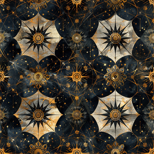 navy blue, golden yellow, cream, celestial pattern, compass roses, star motifs, geometric circles, baroque style, ornate designs, quilting cotton, fabric panel, mystical atmosphere, intricate details, repeating pattern, astronomical theme, decorative elements, luxurious feel, vintage inspired, metallic accents