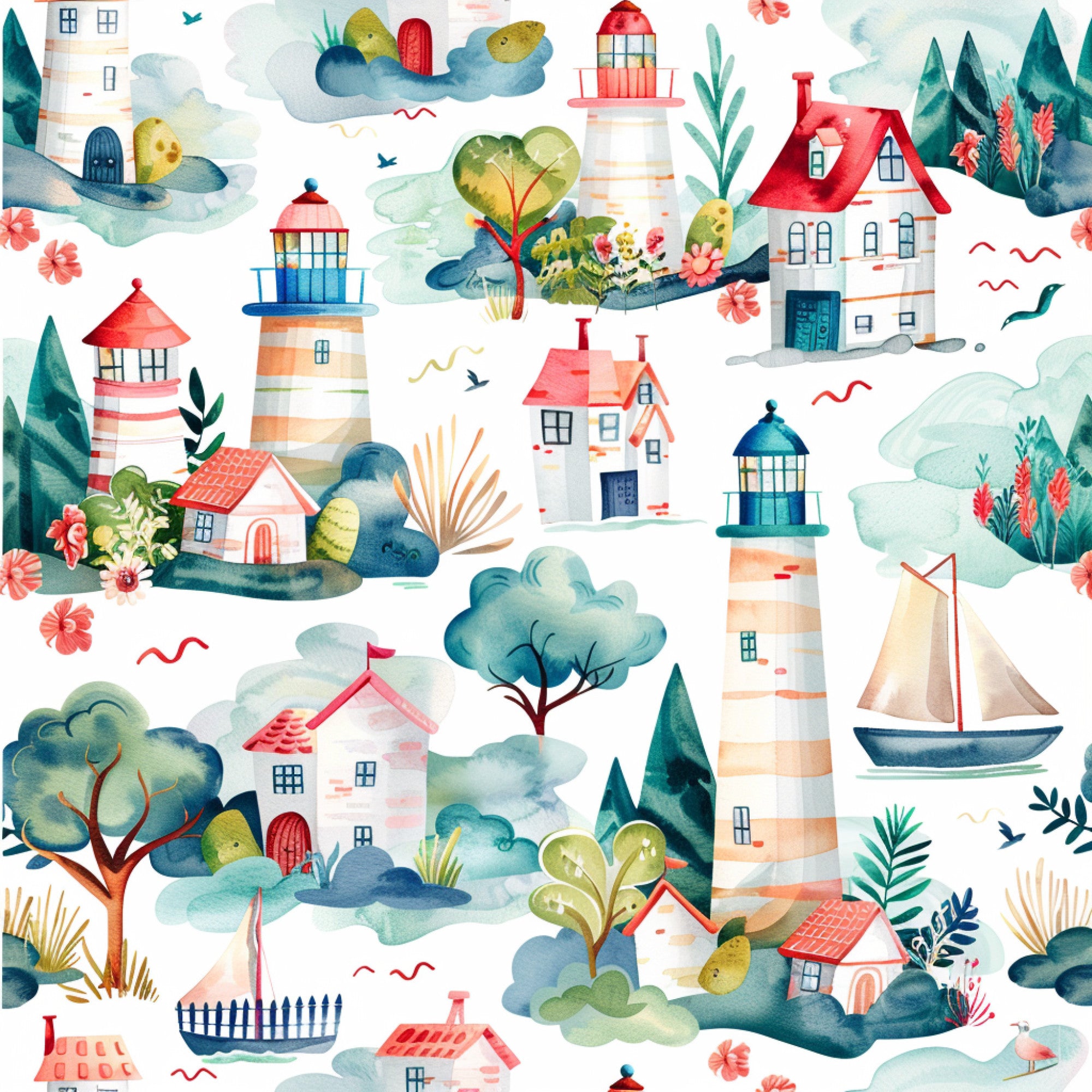 Scenmo Pattern Springtime Lighthouse Scene Pattern 12 Quilting Cotton Fabric ...