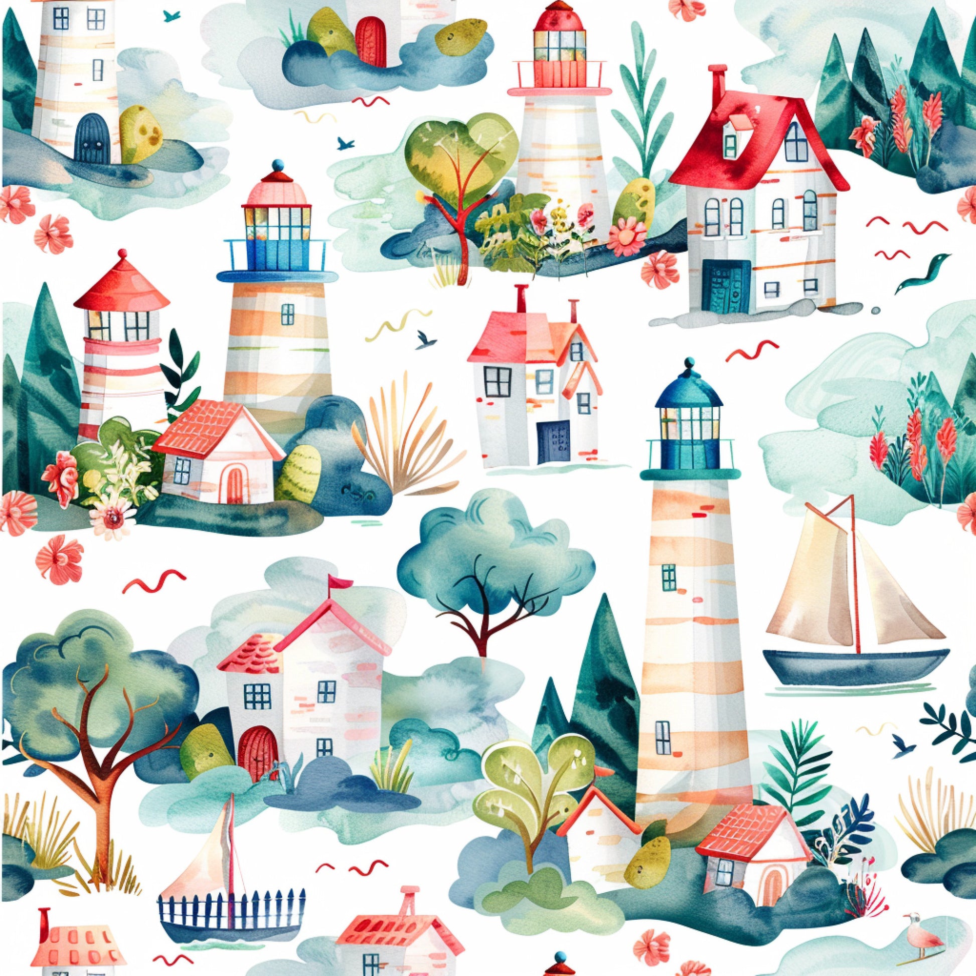 watercolor style, lighthouse pattern, coastal scene, red roofs, blue water, green trees, coral pink flowers, sailboat, whimsical houses, repeating pattern, quilting cotton, fabric panel, nautical theme, springtime motif, pastel colors, maritime elements, scenic landscape, cottage design, ocean waves, botanical accents