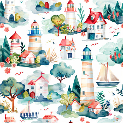 watercolor style, lighthouse pattern, coastal scene, red roofs, blue water, green trees, coral pink flowers, sailboat, whimsical houses, repeating pattern, quilting cotton, fabric panel, nautical theme, springtime motif, pastel colors, maritime elements, scenic landscape, cottage design, ocean waves, botanical accents