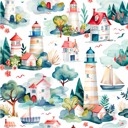 watercolor style, lighthouse pattern, coastal scene, red roofs, blue water, green trees, coral pink flowers, sailboat, whimsical houses, repeating pattern, quilting cotton, fabric panel, nautical theme, springtime motif, pastel colors, maritime elements, scenic landscape, cottage design, ocean waves, botanical accents