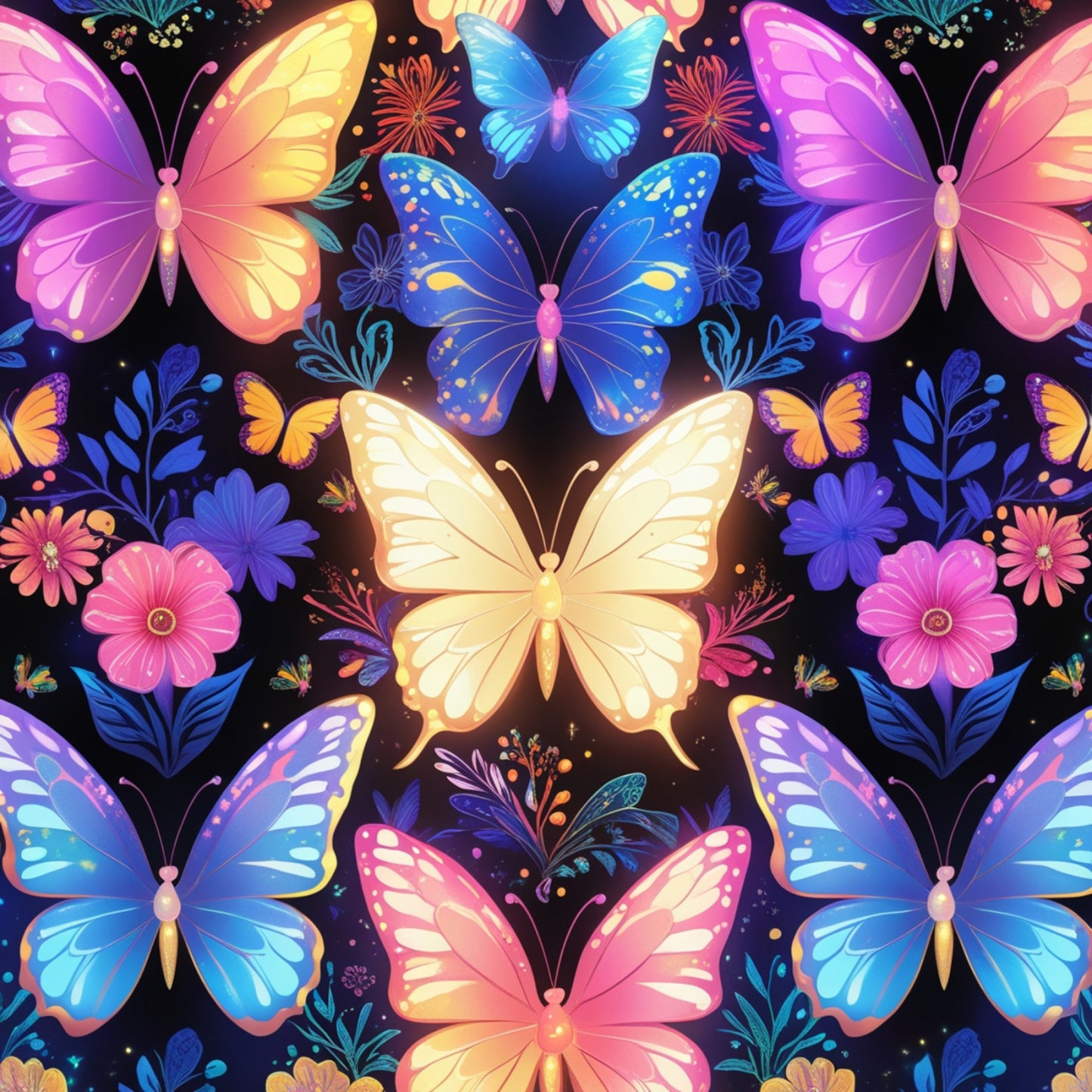 fantasy butterflies, quilting cotton, fabric panel, vibrant colors, pink butterflies, blue butterflies, yellow butterflies, purple butterflies, floral elements, dark background, whimsical design, colorful wings, botanical motifs, decorative flowers, magical theme, bright hues, nature inspired, symmetrical pattern, enchanted garden, craft fabric