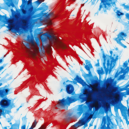 red, white, blue, tie-dye, patriotic, abstract splashes, paint splatters, watercolor effect, explosive bursts, radiating patterns, cotton fabric, quilting panel, american colors, fourth of july, independence day, dynamic swirls, artistic design, fabric crafting, sewing material