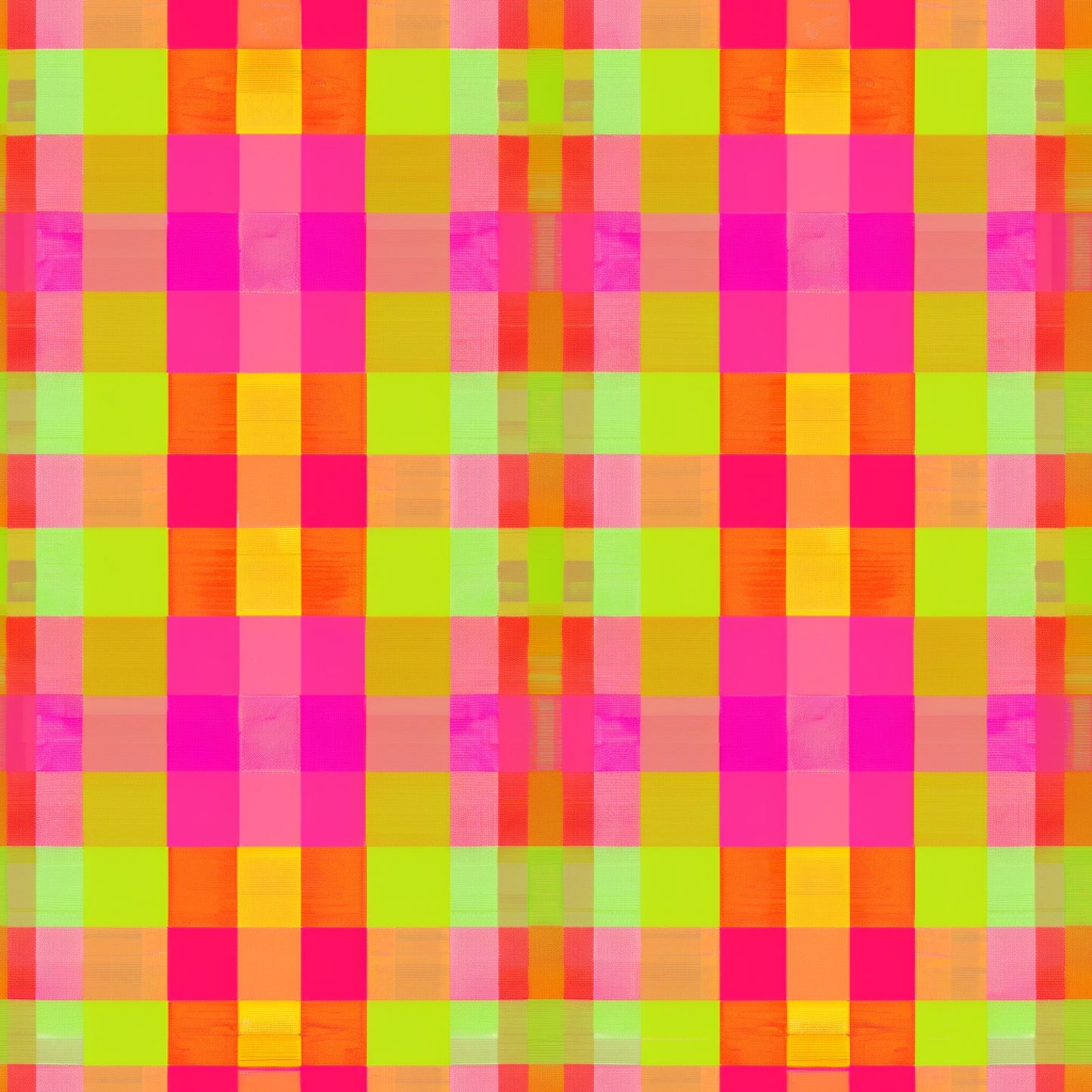 neon colors, bright pink, lime green, yellow, orange, gingham pattern, checkered design, plaid weave, geometric blocks, vibrant hues, quilting cotton, fabric panel, retro style, modern gingham, electric colors, square pattern, woven texture, contemporary design, bright palette, checkerboard motif