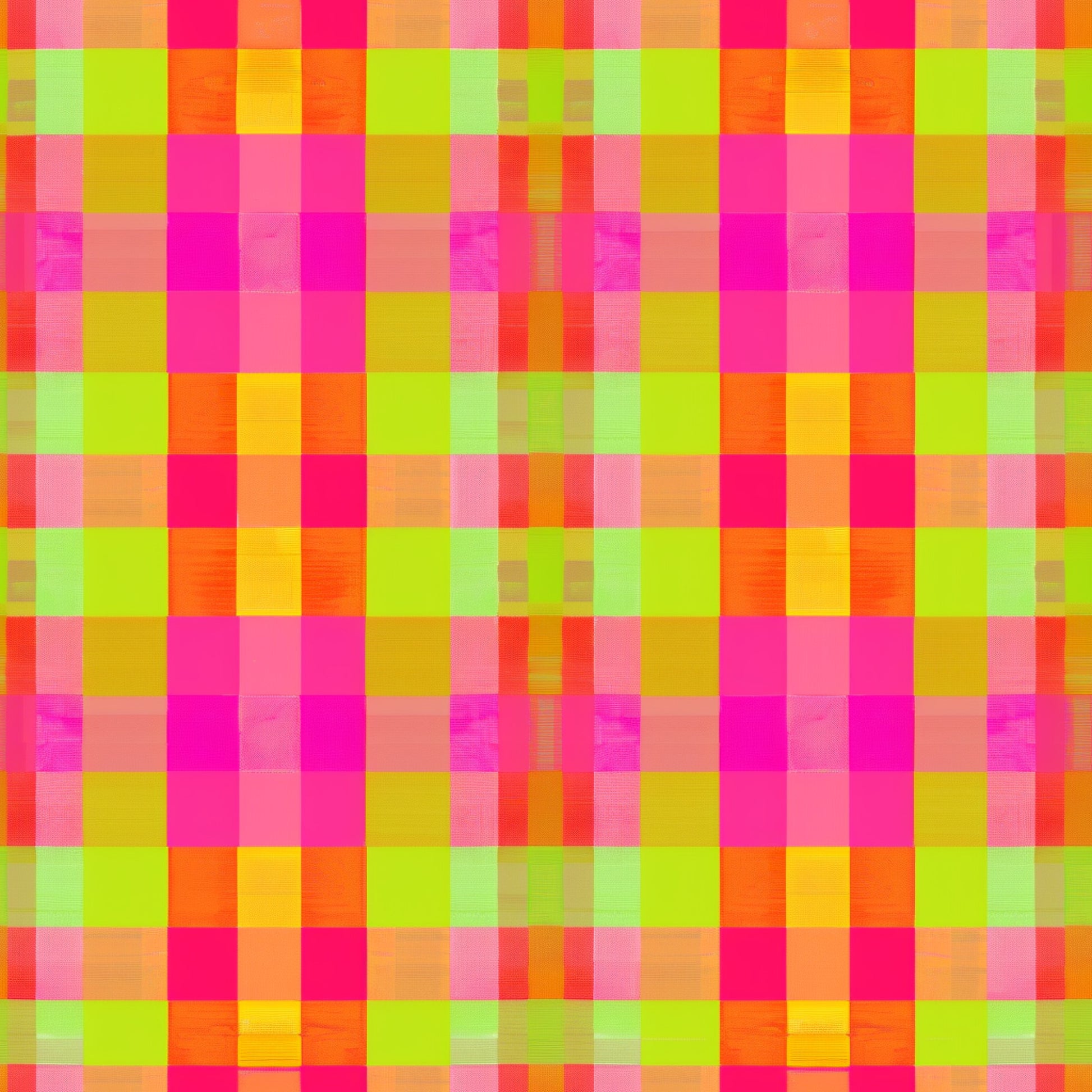 neon colors, bright pink, lime green, yellow, orange, gingham pattern, checkered design, plaid weave, geometric blocks, vibrant hues, quilting cotton, fabric panel, retro style, modern gingham, electric colors, square pattern, woven texture, contemporary design, bright palette, checkerboard motif