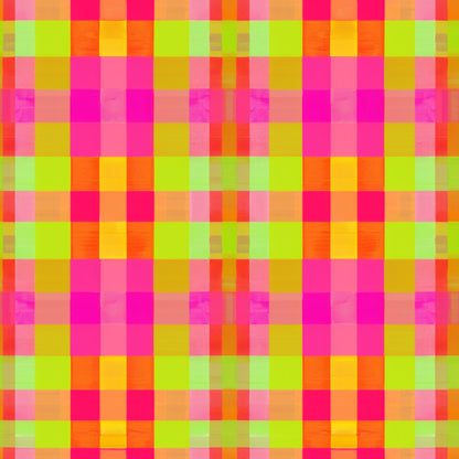 neon colors, bright pink, lime green, yellow, orange, gingham pattern, checkered design, plaid weave, geometric blocks, vibrant hues, quilting cotton, fabric panel, retro style, modern gingham, electric colors, square pattern, woven texture, contemporary design, bright palette, checkerboard motif
