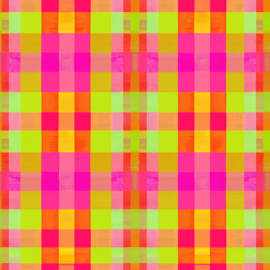 neon colors, bright pink, lime green, yellow, orange, gingham pattern, checkered design, plaid weave, geometric blocks, vibrant hues, quilting cotton, fabric panel, retro style, modern gingham, electric colors, square pattern, woven texture, contemporary design, bright palette, checkerboard motif