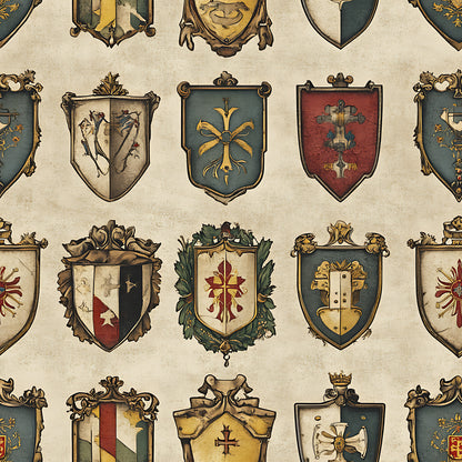heraldic shields, medieval banners, coat of arms, burgundy red, forest green, golden yellow, cream beige, crosses, floral motifs, ornate frames, vintage style, rustic aesthetic, german heritage, quilting cotton, fabric panel, decorative crests, antiqued finish, royal symbols, botanical elements, renaissance inspired