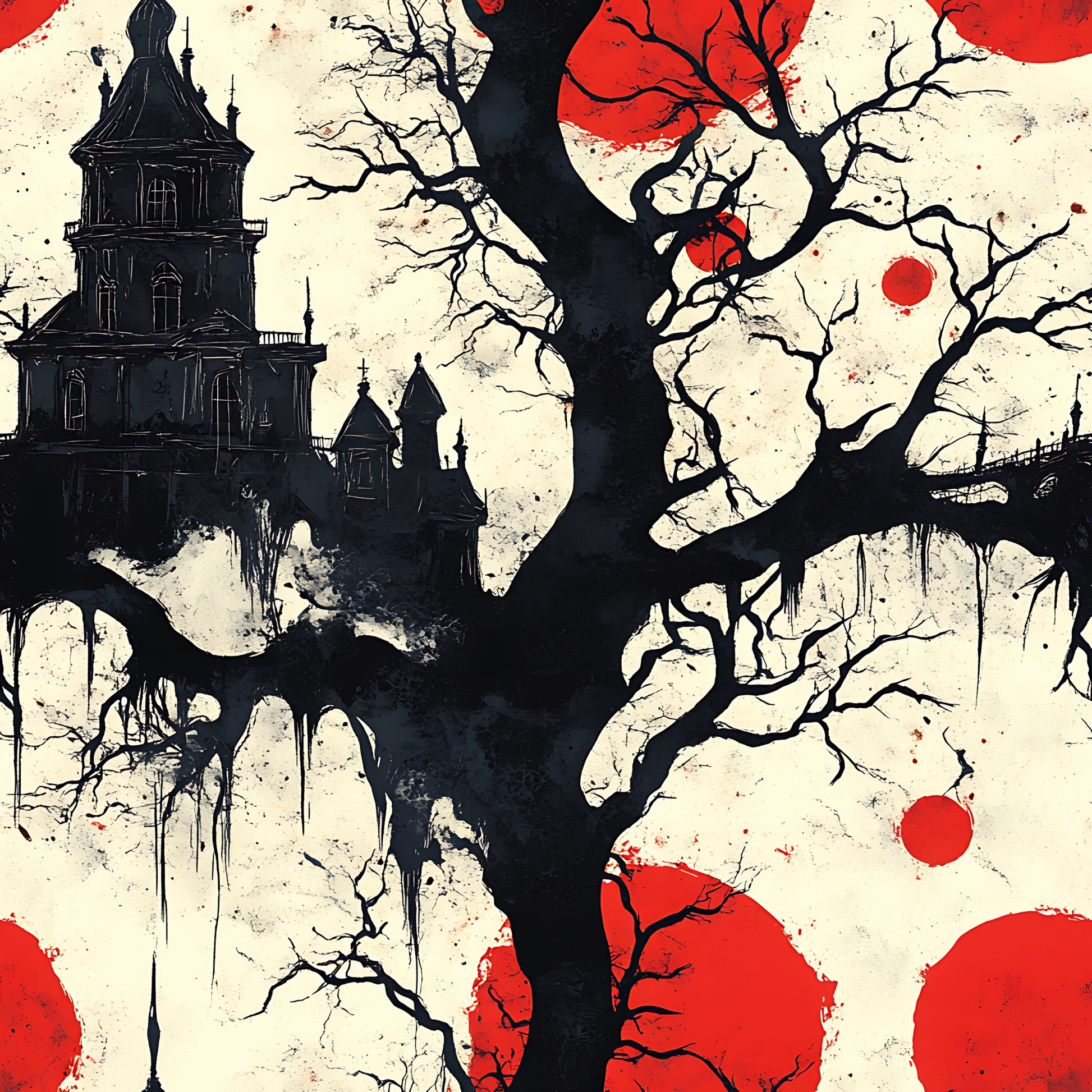 blood moon, gothic manor, haunted house, bare tree, dripping effect, red circles, black silhouette, cream background, spooky atmosphere, halloween theme, quilting cotton, fabric panel, horror aesthetic, victorian architecture, leafless branches, crimson accents, eerie mood, dark tower, gothic windows, supernatural scene