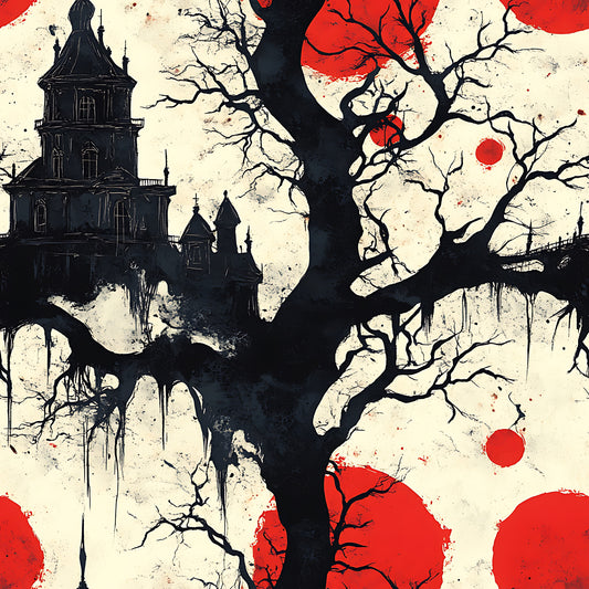 blood moon, gothic manor, haunted house, bare tree, dripping effect, red circles, black silhouette, cream background, spooky atmosphere, halloween theme, quilting cotton, fabric panel, horror aesthetic, victorian architecture, leafless branches, crimson accents, eerie mood, dark tower, gothic windows, supernatural scene