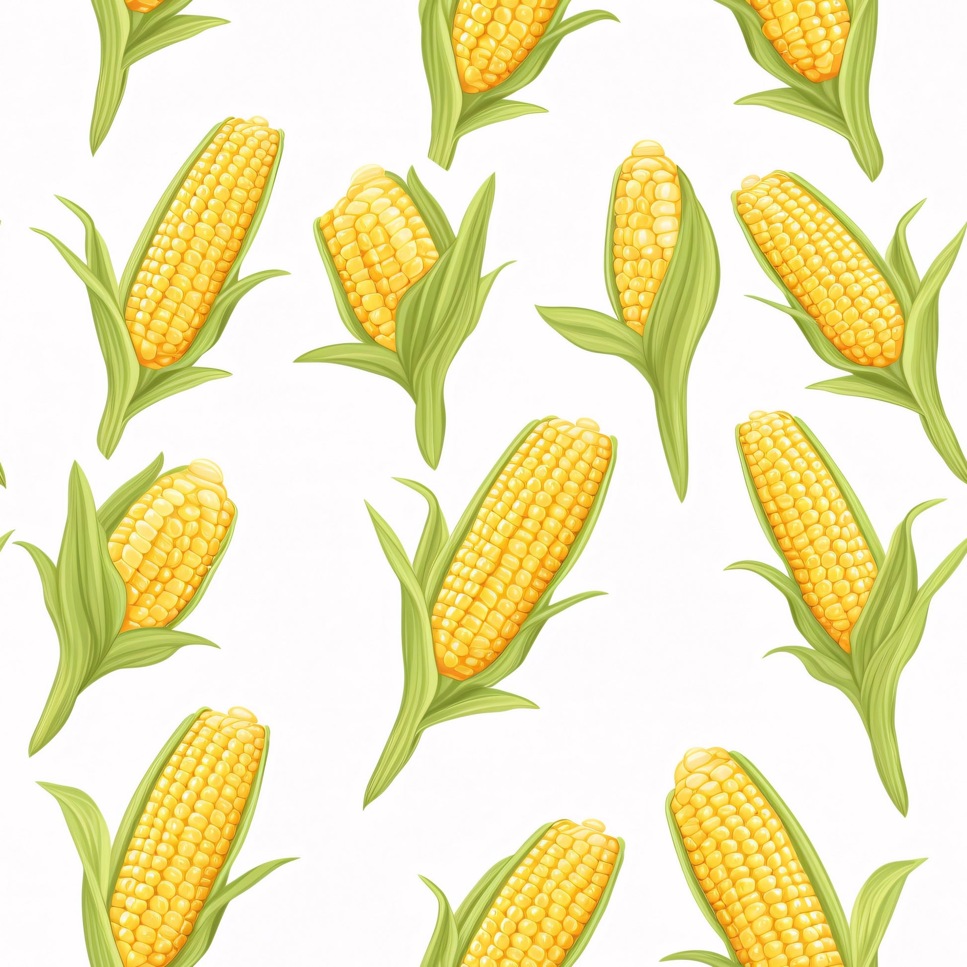 yellow corn, golden kernels, green husks, corn cobs, vegetable pattern, repeating design, harvest theme, farm produce, bright yellow, lime green, food illustration, agricultural motif, quilting cotton, fabric panel, seamless pattern, botanical design, summer harvest, corn stalks, kitchen theme, fresh produce