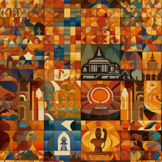 mosaic pattern, geometric design, orange, blue, red, yellow, brown, teal, abstract art, quilting cotton, fabric panel, architectural elements, dome building, decorative motifs, warm colors, artistic blocks, contemporary style, patchwork design, cultural imagery, vibrant palette