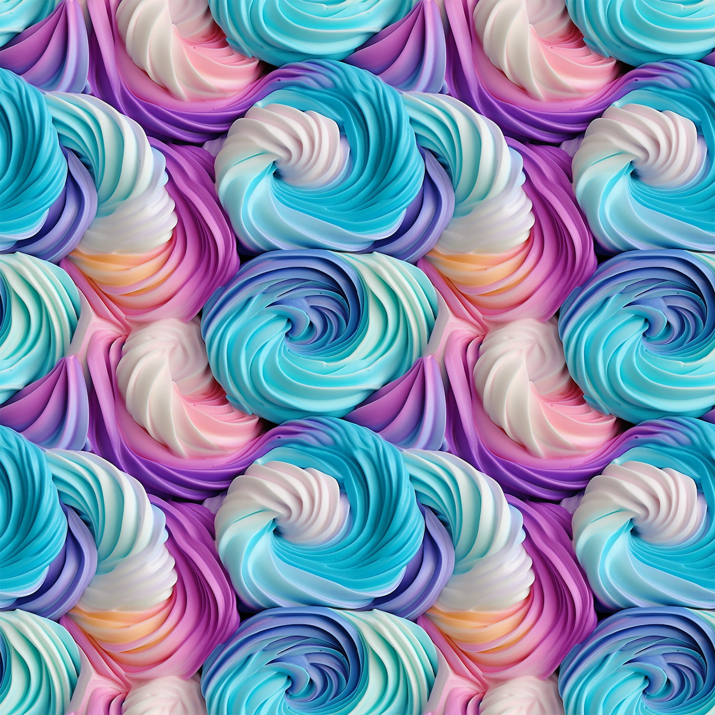 turquoise, purple, pink, white, swirl pattern, frosting design, cupcake frosting, rainbow colors, pastel hues, whimsical, sweet treats, dessert theme, quilting cotton, fabric panel, food motif, bakery inspired, colorful swirls, confectionery, treat pattern, spiral design