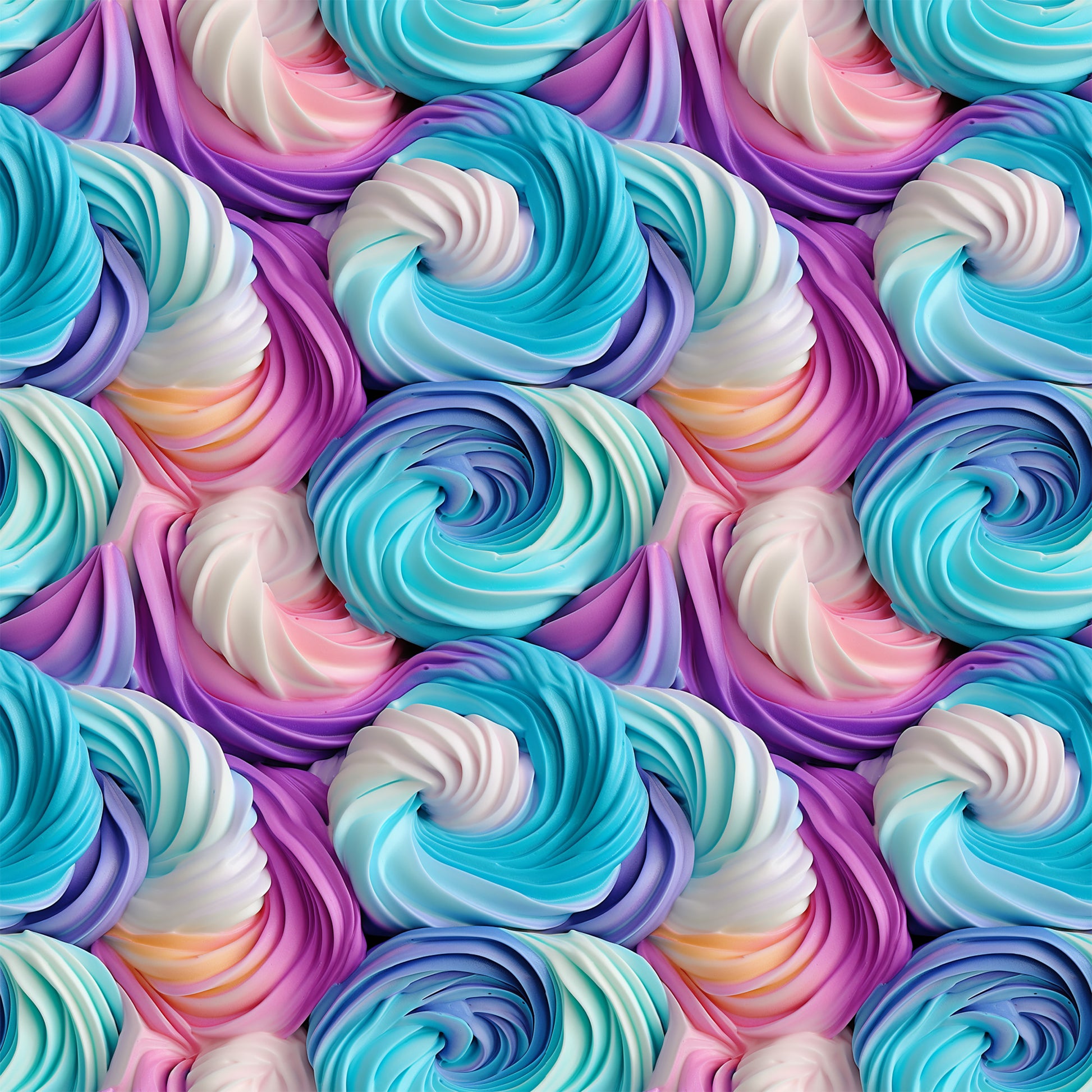 turquoise, purple, pink, white, swirl pattern, frosting design, cupcake frosting, rainbow colors, pastel hues, whimsical, sweet treats, dessert theme, quilting cotton, fabric panel, food motif, bakery inspired, colorful swirls, confectionery, treat pattern, spiral design