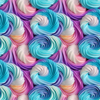 turquoise, purple, pink, white, swirl pattern, frosting design, cupcake frosting, rainbow colors, pastel hues, whimsical, sweet treats, dessert theme, quilting cotton, fabric panel, food motif, bakery inspired, colorful swirls, confectionery, treat pattern, spiral design