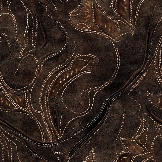 - The Western Life Pattern 60 Quilting Cotton Fabric  
- brown, dark brown, tan  
- leather-like texture, embossed look  
- western, cowboy boots, stitching  
- cotton, quilting, textile, yardage  
- rustic, vintage, ornamental, decorative