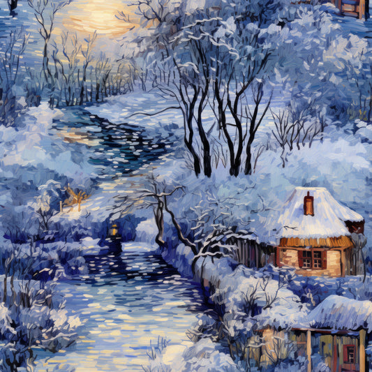 winter landscape, snowy scene, frozen stream, cozy cottage, bare trees, snow-covered branches, twilight sky, blue tones, white snow, warm golden lights, rustic cabin, peaceful village, dawn lighting, quilting cotton, fabric panel, serene atmosphere, icy water, winter wonderland, cottage windows glowing, frosty morning