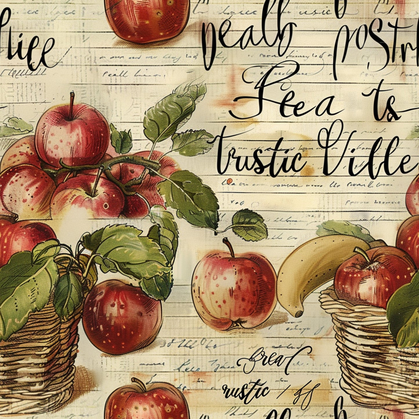 red apples, green leaves, wicker baskets, cream background, vintage script, botanical illustration, farm fresh, rustic style, quilting cotton, fabric panel, harvest theme, fruit motifs, handwritten text, aged paper look, country kitchen, autumn colors, natural elements, nostalgic design, cottage core